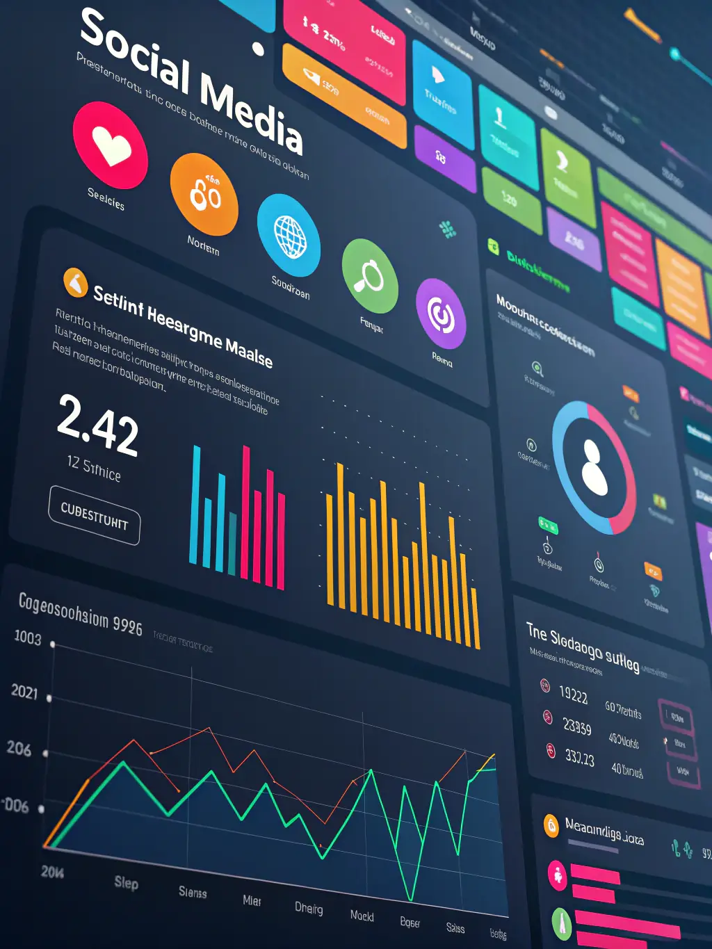 An illustration depicting various digital marketing analytics tools and social media icons, representing NordicDesign's online marketing and advertising services.